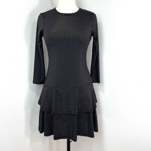 Michael Michael Kors Black Gold Studded Dress XS Drop Waist Flounces 3/4 Sleeves